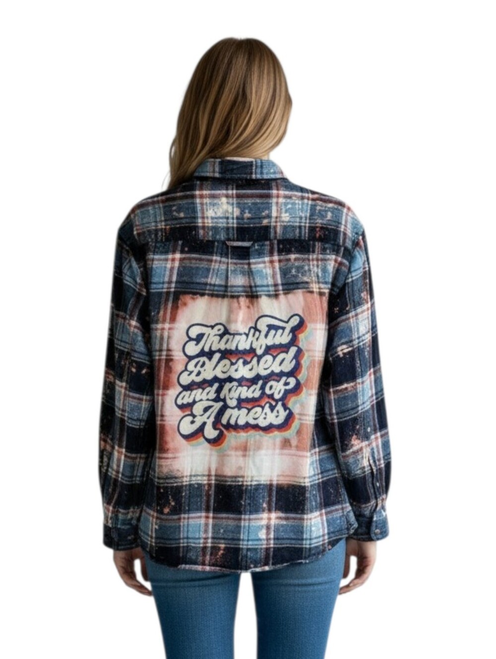 Thankful Blessed & Kind Of A Mess Custom Upcycled Bleached Plaid Flannel, L